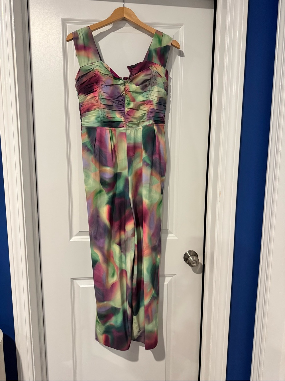 Athleta Multicolor Abstract Satin Jumpsuit in Green, Purple, Pink, Cream